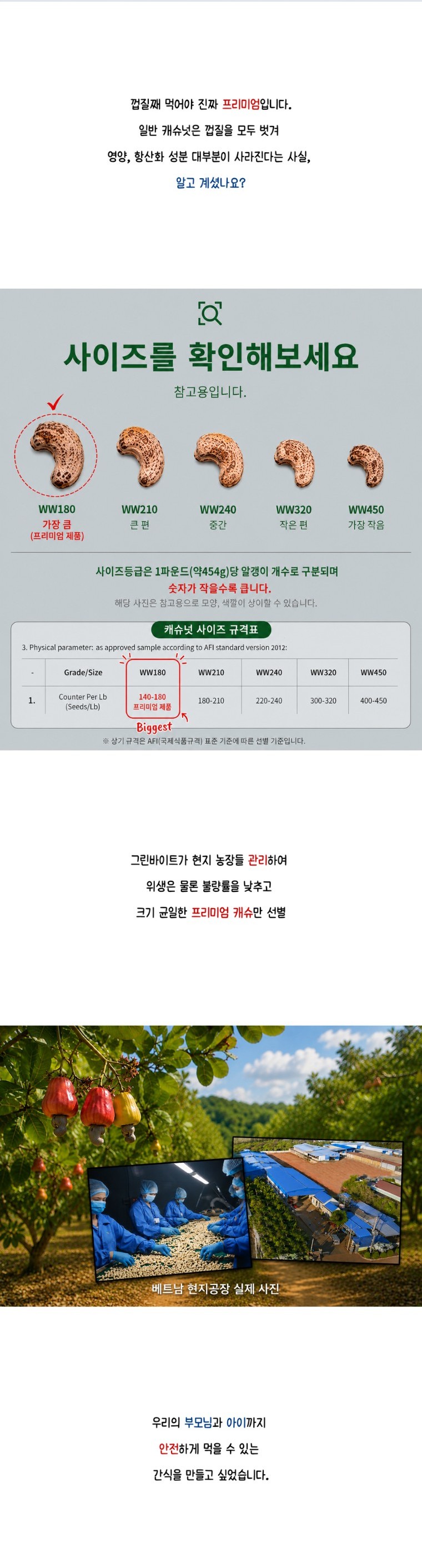 캐슈넛 사이즈 등급표 WW180 및 베트남 현지 농장·공장 실사진